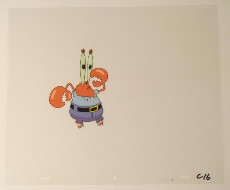 Original Animation Art Cel SpongeBob Krab Mysterious: This original animation cel is from the Nickelodeon TV show SpongeBob Squarepants. The story takes place under the deep blue sea in Bikini Bottom, where SpongeBob resides. Sp