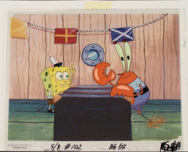 Spongebob Come Here Original Cel Animation Background: * This animation cel and reproduction background are from the NickelodeonTV show SpongeBob Squarepants. The story takes place under the deepblue sea in Bikini Bottom, where Sponge