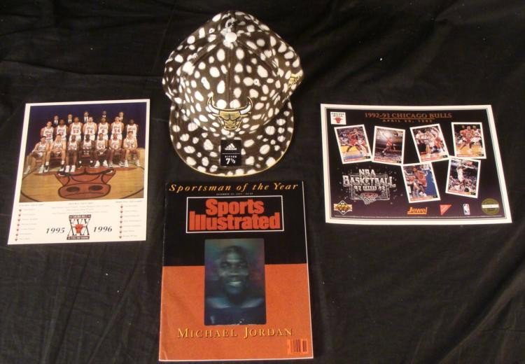 Chicago Bulls Lot Cow Hat, SI Jordan Hologram, Photo: Here are some awesome souvenirs from the great Chicago Bulls, all in mint condition. * Addidas fitted cap with white spots on fuzzy brown, kind of resembling a cow, size 7 1/2Sports Illustrated magazi