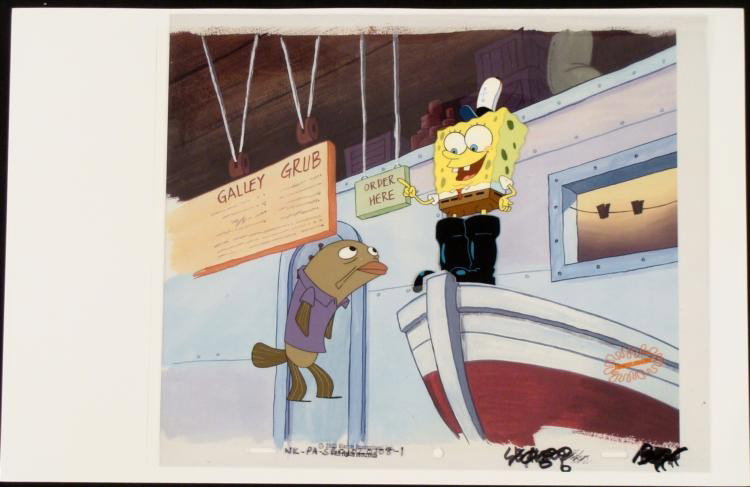 Cel Listen Up Animation Background Spongebob Original: * This animation cel and reproduction background are from the Nickelodeon TV show SpongeBob Squarepants. The story takes place under the deep blue sea in Bikini Bottom, where Spon