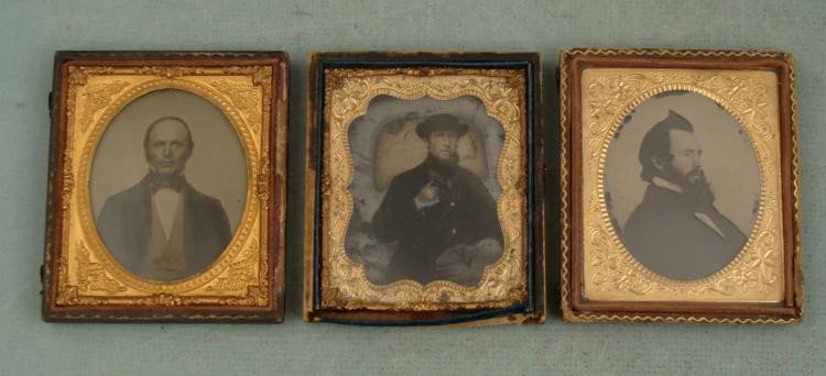 3 Antique Daguerreotype Photos Men in Cases: These three Ambrotype photos are portraits of men. Each is on the back part of a hinged case (front missing), with an embossed gold foil matte. There is some surface wear to the case. The man in the h