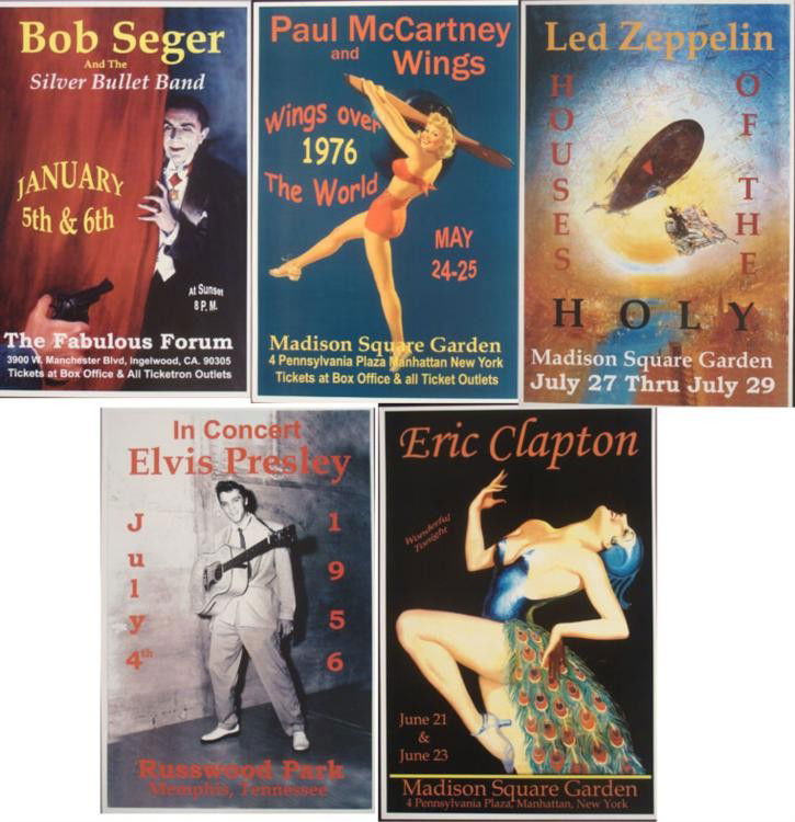 5 Concert Posters Elvis McCartney Clapton Seger: These 5 reproductions of original concert posters are from some of the true legends of rock n' roll. * * Size: 12" x 18" Medium: Heavy Poster Stock Condition: Excellent The artists include: Elvis Pres
