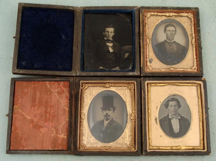 4 Antique Tintype Photos in Cases Men, 1 in Top Hat: Here are four Tintype photo portraits of men. Three are rather distinguished looking, including two in a coat and vest, and one with a top hat. One has a high collar. Two are in a full hinged cases, a