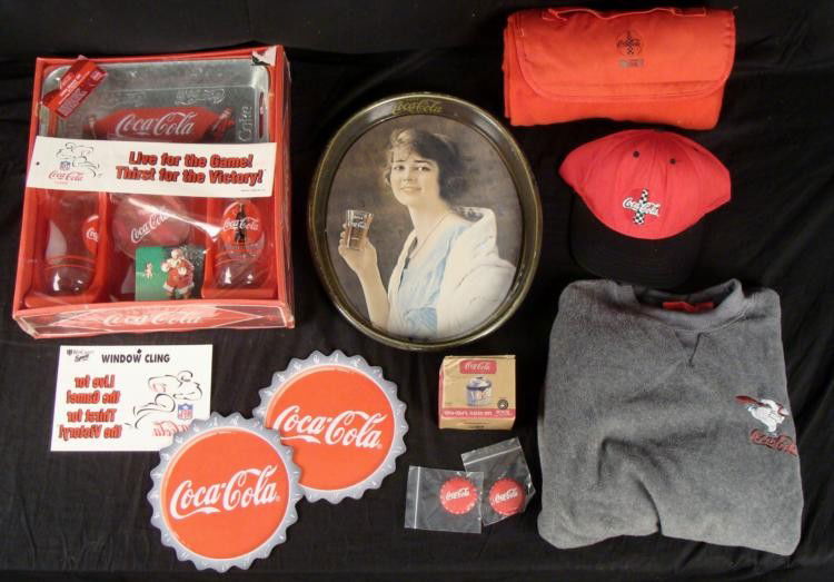 Coca Cola Large Lot Glasses Coasters Classic Hits Pins: This is an excellent Coca Cola dealers lot. In this lot you will receive: * Boyds Classic Hits miniature juke boxFour NFL bumper stickersTwo glassesTwo pinsTwo trays, one rectangular snack tray,