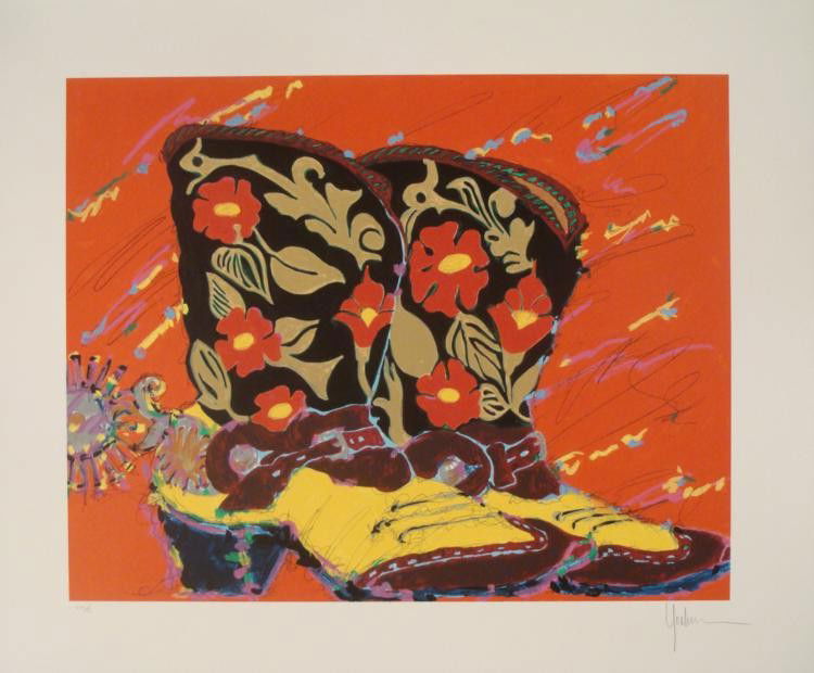 Kim Yoakum Signed Ltd Art Print My Wife Married A Lie: These boots tell a story, and their decorative designs are captured flamboyantly in pure Pop Art style. * Artist: Kim YoakumSignature: In pencil, lower rightTitle: "My Wife Married A Lie" Medium: Seri