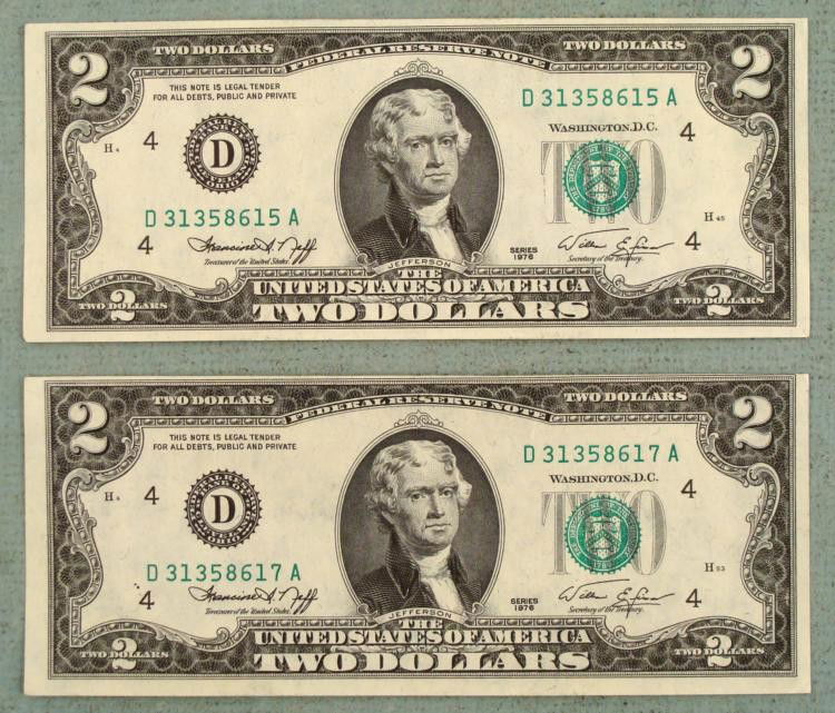 (2) CU 1976 D Mint $2 Bills Cleveland Notes-Same Series: (2) 1976 $2 bills * From the same seriesMint mark: D (Cleveland)Grade: Crisp Uncirculated