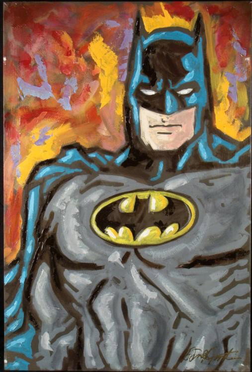 Duerrstein BATMAN Original Comic Art Painting on Canvas: Standing strong amidst a firey background, it's Batman! This exciting original painting was done by artist Dick Duerrstein, who is well known for his Pop Art renditions of comic book and animated char