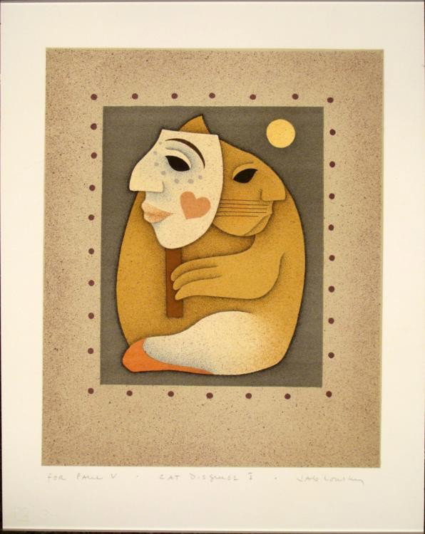 Carol Jablonsky Signed Cat Disguise I Art Print: Who is that cat behind the mask? * Artist: Carol Jablonsky Title: Cat Disguise I Medium: Print on Paper Signature: in pencil, lower right Dedication: "Paul V" - lower left Size: 14 3/4" x 18 1/2