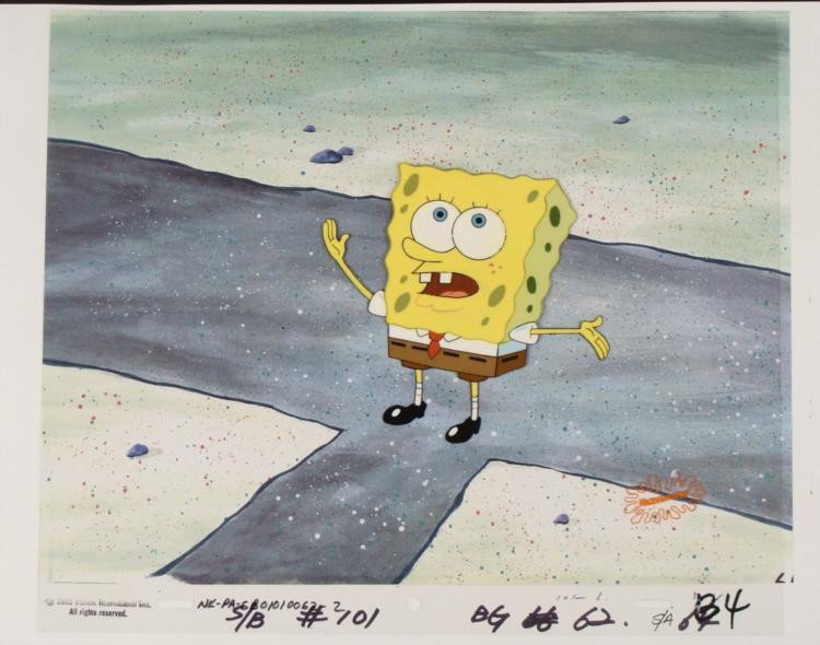 No Slack Original Spongebob Animation Cel Background: This animation cel and reproduction background are from the Nickelodeon TV show SpongeBob Squarepants. The story takes place under the deep blue sea in Bikini Bottom, where Sponge