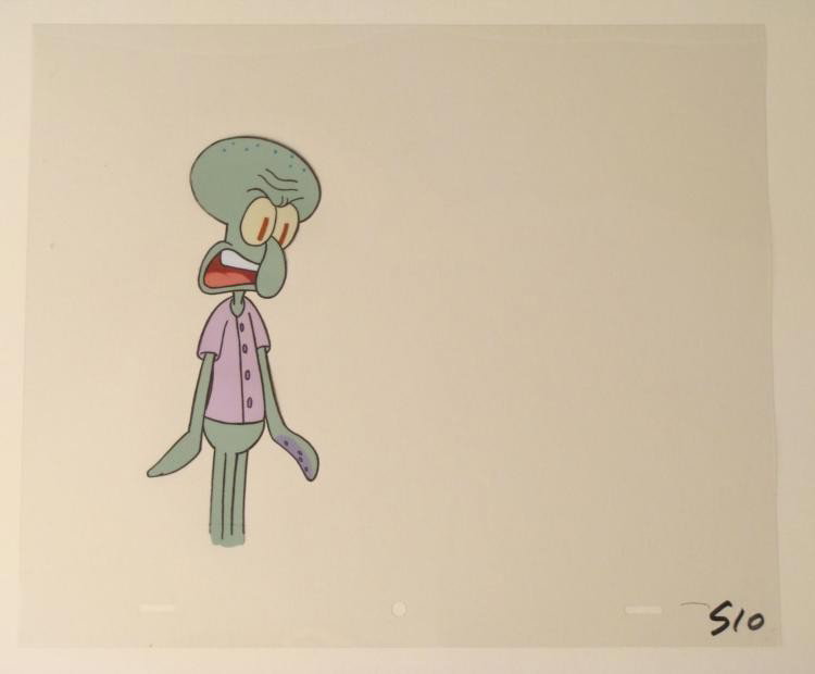 Pink Shirt Squidward SpongeBob Cel Animation Original: This original animation cel is from the Nickelodeon TV show SpongeBob Squarepants. The story takes place under the deep blue sea in Bikini Bottom, where SpongeBob resides. Sp