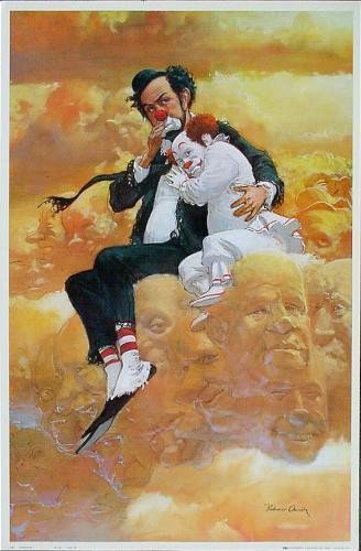 Colorful Robert Owen FRIENDSHIP Clown Art Print: This colorful print is by famous clown artist Robert Owen: * Title: "Friendship" * Off-set printed on glossy stock * Artist's signature appears in the plate LR * Ira Roberts Publishing © 1978 in 