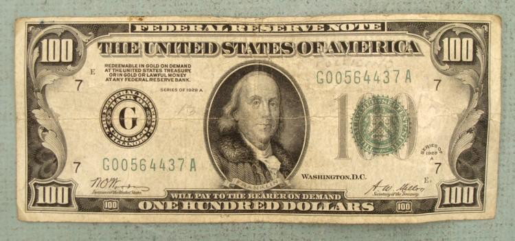 1928A $100 Note Redeemable in Gold-G Mint Chicago: 1928A $100 Federal Reserve Note * Mint mark: G (Chicago) Details: Marked "Redeemable in Gold" Condition: No tears, rips, or holes *