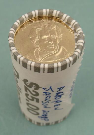 Bank Roll 2008-P Jackson Presidental Dollars GEM UNC: Here is one original wrapped roll of the 2008-P Andrew Jackson Presidential Dollars. The roll contains 25 coins. The coins are mint, GEM uncirculated. * The Jackson Dollar is among the last to contain