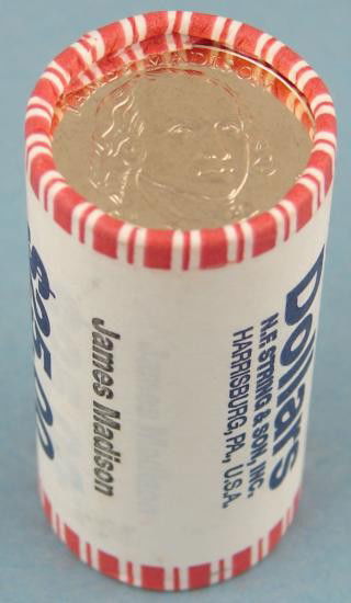 1 Gem Unc Bank Roll 2007 P Madison Presidential Dollars: Here is one original wrapped roll of the 2007-P James Madison Presidential Dollars. The roll contains 25 coins. The coins are mint, uncirculated, and unopened. * The Madison Dollar was recently issued