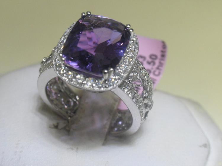 Amethyst and Diamonds 14K White Gold Ring Size 6 1/2: Amethyst and Diamonds 14K White Gold Ring Total Weight of 96 Round Diamonds - 0.76 CT One Center Amethyst - 5.35 CT 14K White Gold - 5.50 grams Ring Size: 6-1/2 * Ring comes with an Appraisal Card fro