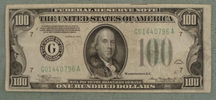$100 1934 J2 US Note Large Green G & Large 100 Nice: $100 1934 J2 US Note * Mint mark: G (Chicago) Details: Large green G Condition: Nice bill