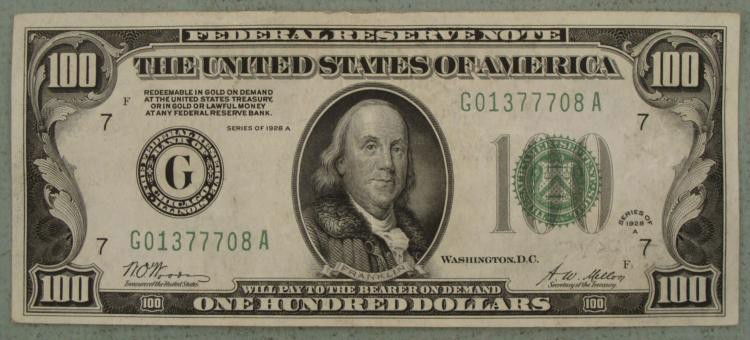 1928A $100 Fed Reserve Note Redeemable in Gold-Ver Nice: 1928A $100 Federal Reserve Note * Mint mark: G (Chicago) Details: Marked "Redeemable in Gold" Condition: Very Nice