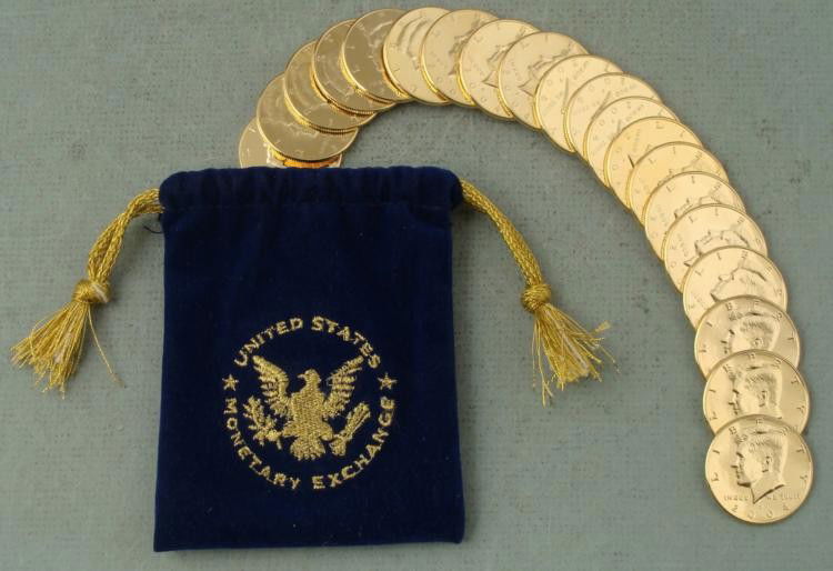 1 Roll of 24KT Gold Plated 2004-D Kennedy Half Dollars: Offered here is one roll of 24KT, gold plated, 2004-D Kennedy Half Dollar coins. They are from the United States Monetary Exchange. *