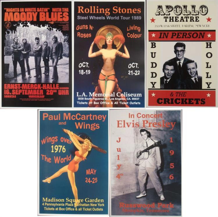 5 Rock Concert Posters Buddy Holly, Stones, Elvis: These 5 reproductions of original concert posters are from some of the all-time greats in rock history. * Condition: Excellent Size: 12" x 18" Posters: Elvis Presley (Russwood Park Memphis Tennessee, 