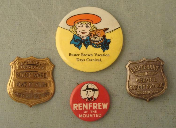4 Vintage Pins Renfrew, Buster Brown, Ward: These are four vintage character and kids items, all in very good condition. They are up to 2" in diameter. * Renfrew of the Mounted buttonBuster Brown Vacation Days Carnival mirror, 1940'sWard's Soft