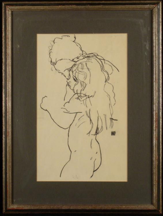 Egon Schiele Art Print Nude Framed Mother & Child: This is a print from a charcoal drawing depicting nude figures of mother and child. The early Expressionist style is seen in the pose of the figures, expressing tension and angst rather than comfort.