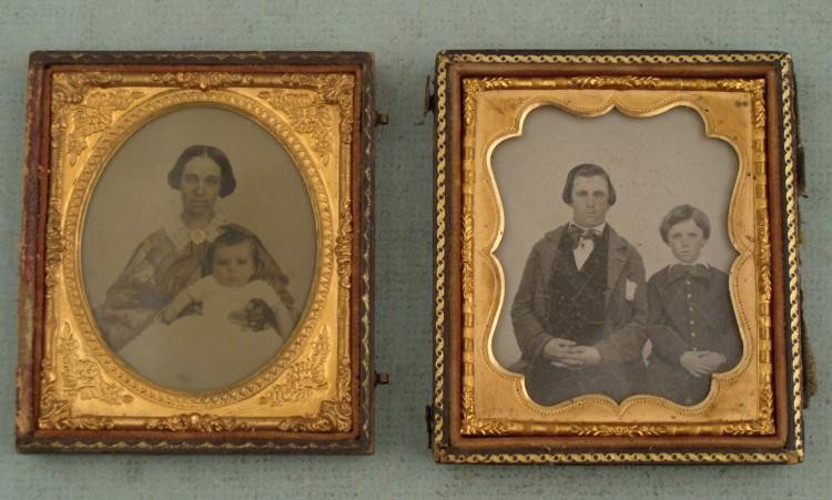 2 Antique Tintype/Ambrotype Photos Children: Here are two antique photo portraits of parents and children. One is a tintype of mother and daughter, with rose tinted cheeks and gold painted brooch. The other is a Ambrotype of a father and son. It