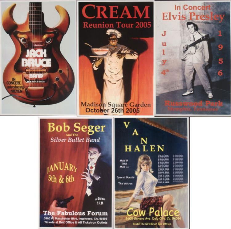 5 Rock Concert Posters Elvis Cream Seger Van Halen: This group of 5 reproductions of original concert posters spans the history of rock n' roll with some great artists. * Condition: Excellent Size: 12" x 18" Posters: Van Halen (Cow Palace, Daly City, C