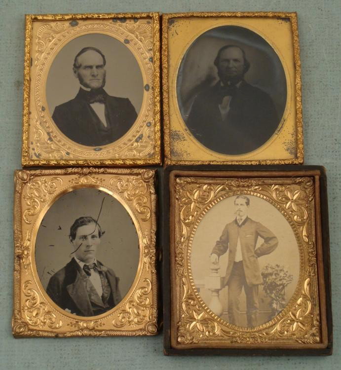 2 Antique Tintype/Ambrotype Photos In Frames -Men: Here are two antique photo portraits. Three are tintypes, with rose tinted cheeks, all in embossed gold foil mattes. The other is a sepia toned photo, probably an ambrotype, in the back part of a hing
