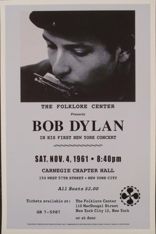 Anon : Bob Dylan, Carnegie Hall, 1961 Concert Poster: Artist: AnonTitle: Bob Dylan, Carnegie Hall, 1961Medium: Poster on paper (reprint) * Image Size: 22 x 14 inches.Paper Size: 23 x 15 inches.This is from a very early performance, played to crowd of und