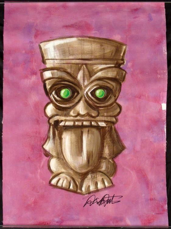 Dick Duerrstein Original Painting Tropical Tiki God: Beware, the Tiki God stick a tongue out at you! This original hand painted piece has a funny expression, and green jeweled eyes. This marvelous art was created by artist Dick Duerrstein, who is well k