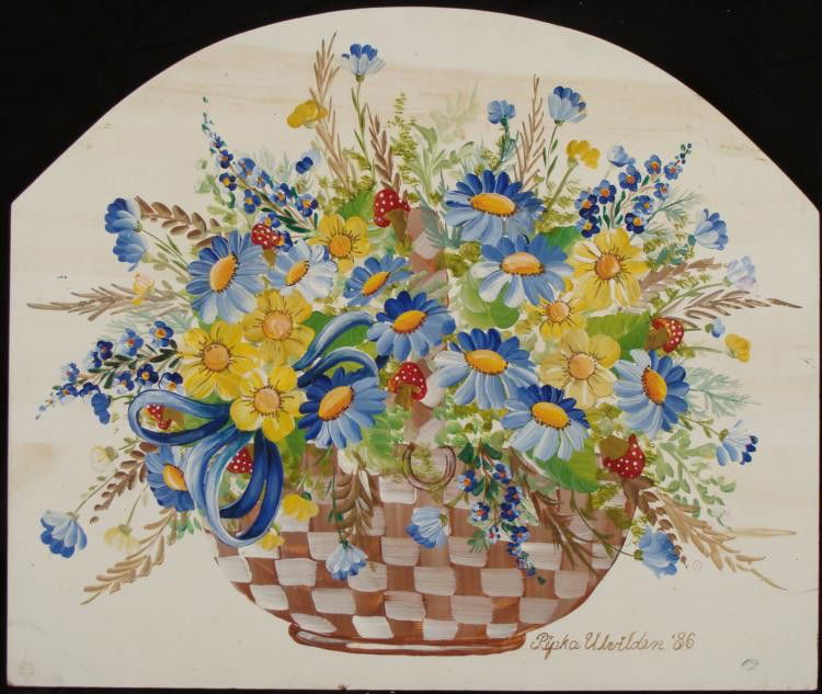 Pipka Ulvilden Original Tole Painting On Board Flowers: Here is an original painting of a bright and detailed basket of flowers. It is a tole painting done on board to enhance its folk and country look. * Artist: Pipka UlvildenSignature: Lower rightDate: 1