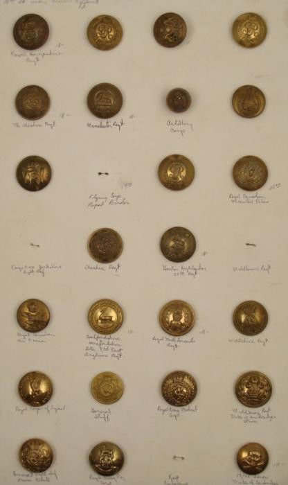 24 British Canadian Antique Military Button Collection: Here we have an antique collection of 21 British and 3 Candadian military buttons. Most of them have been identified by their names which include: Royal Hampshire Regt.., (2) The Chesir