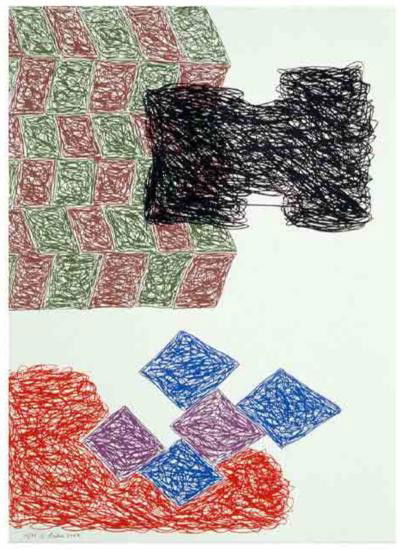 Jonathan Lasker -Unconscious Construct Art Print: This abstract lithograph features a modern abstract display of geometric shapes, done in a more unusual freehand drawing style. The title suggests the artist may be more concerned with creating from t