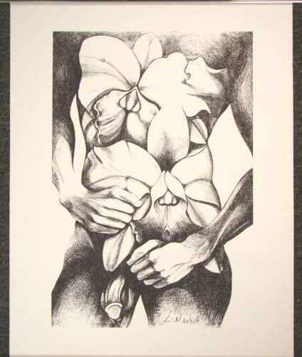 Rare Male Nude Signed Art Print Lowell Nesbitt: This intriguing signed limited edition art print is by Lowell Nesbitt (United States, 1933 - 1993). Generally better known for his larger-than-life paintings of flowers — "I've been trying to tr