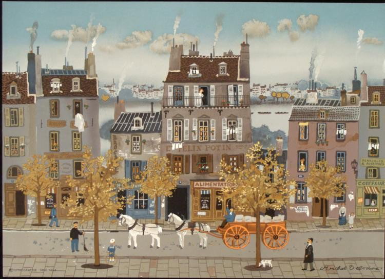 Michel Delacroix Original Art Print Marchand de Farine: Here is an original Delacroix print portraying the local flour seller arriving in town with a cart full of flour. * * Artist: Michel DelacroixSignature: In the plateTitle: Marchand de FarineEdition: O