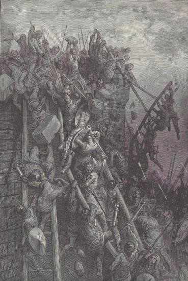 ORIGINAL Antique PRINT scene-STORMING OF ANTIOCH: ORIGINAL Antique PRINT scene-STORMING OF ANTIOCH (NOT A REPRODUCTION) that was createdand produced, using a wood cut (Scene carved out of a wood block). One of several that were found in an 1858 S