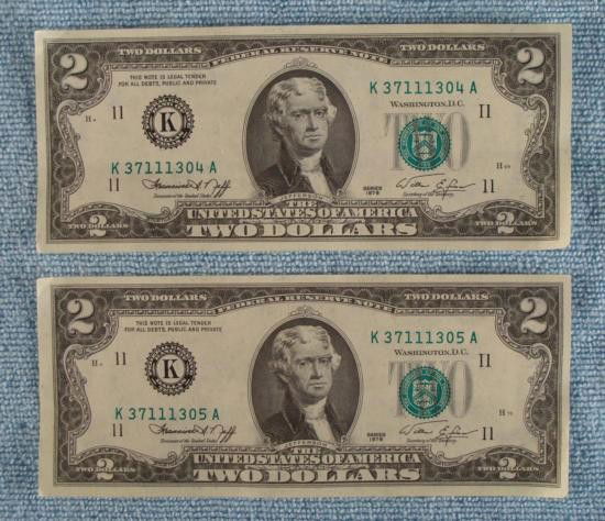 2 Consecutive # $2 Bills Dallas TX Notes CU 2003-A: (2) 2003-A $2 notes * * Grade: Crisp Uncirculated * Mint mark: K (Dallas) * Serial Numbers: Consecutive * Note: Bill you receive may be different from the one shown