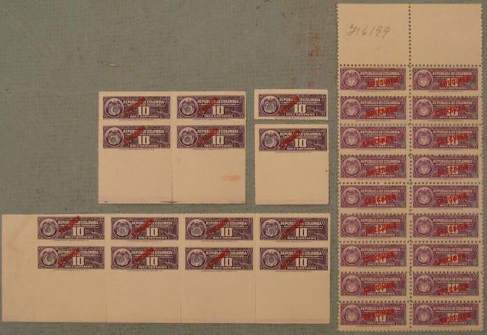 32 Colombia Specimen Revenue Stamps Plate Block 10 Cent: Here are 4 separate sections of plate blocks containing (32) small size 10 Centavos Revenue Stamps from Republic De Colombia, marked "IMPUESTO DE CONSUMO." Each has a red "SPECIMEN" overprint and secu