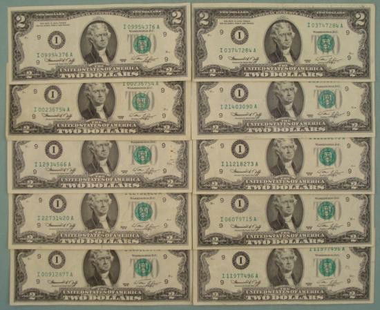 10) 1976 $2 Dollar Bills Notes Mint Mark I Minneapolis: 10) 1976 $2 bills * Mint: I (Minneapolis) All nice bills with no rips, holes, or tears