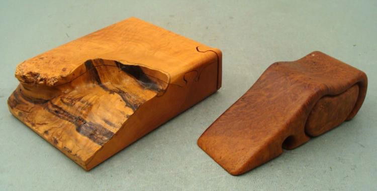2 Puzzle Art Box Sculptures Burl Wood Artist Signed: These 2 hand carved items can be called puzzle boxes or puzzle art, since they are intricately carved into separate pieces that fit precisely into one another. One is a box made of four pieces, and it