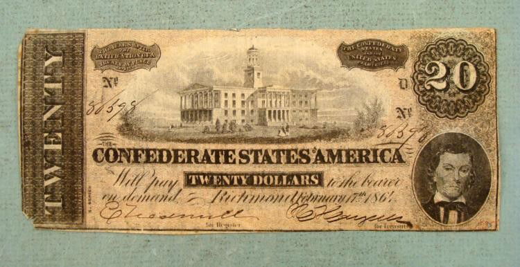 ORIGINAL CIVIL WAR CONFEDERATE 20 DOLLAR BILL: OFFERED HER IS AN ORIGINAL CIVIL WAR CONFEDERATE $20.00 BILL WITH PROVENANCE. * THIS ORIGINAL CONFEDERATE $20 BILL WAS PURCHASED BY J.A. PIEPER FROM THE VICKSBURG COURT HOUSE MUSEUM IN MAY OF 19