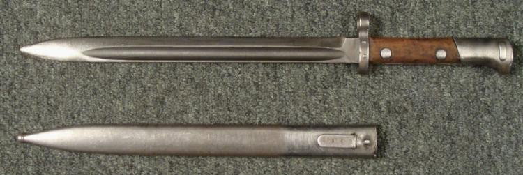 WWII CZECH MAUSER BAYONET & SCABBARD: WWII CZECH MAUSER BAYONET & SCABBARD * OCCUPIED CHECK WWII MAUSER BAYONET-WOOD GRIPS EAGLE HEAD POMMEL-RELEASE BUTTON WORKS FINE--STEEL BLADES RICASSO MARKED "CSZ J"--STEEL SCABBARD--FROG STUG MAR