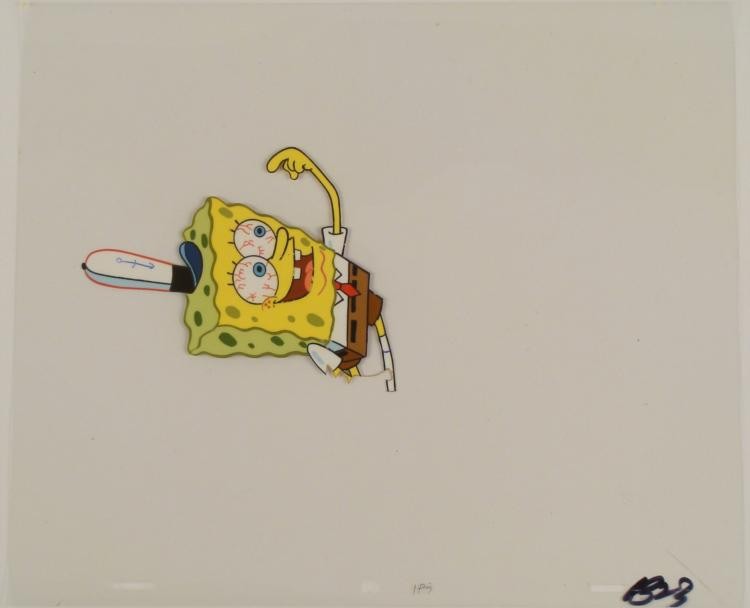 SpongeBob Leaning Red Eyes Original Production Art Cel: This original animation cel is from the Nickelodeon TV show SpongeBob Squarepants. The story takes place under the deep blue sea in Bikini Bottom, where SpongeBob resides. Sp