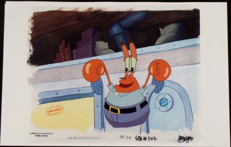 Original Spongebob Cel Need Mits Background Animation: This animation cel and reproduction background are from the Nickelodeon TV show SpongeBob Squarepants, from the episode titled "Squeaky Boots". The story takes place under the deep blu