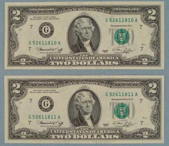 (2) 1976 $2 Bills Consecutive # Notes G Mint Chicago: (2) 1976 $2 bills with Consecutive serial numbers * * Mint mark: G (Chicago) * Note: Serial Numbers you receive may be different from the ones pictured