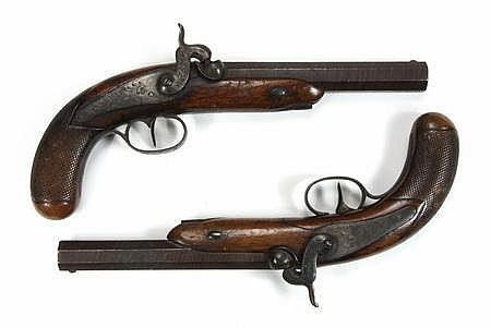 PAIR DUELING PISTOLS - Pair Percussion Dueling Pistols: PAIR DUELING PISTOLS - Pair Percussion Dueling Pistols, stamped with Belgian proof mark of ELG with a star inside an oval, serial numbers 1100 & 1101, with 7IN octagonal .65 cal Damascene 