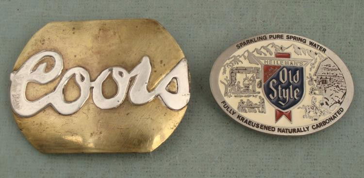 2 Beer Belt Buckles Coors Silver & Brass, Old Style: Here are two great looking beer logo belt buckles. * Coors, hand-made of brass, with silver on the raised lettering. It is vintage, and shows light wear. The size is 2 7/8" x 4", for a wide 2" belt. O