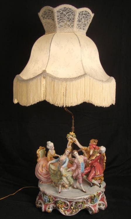 Rococo Ladies Big Porcelain Figural Antique Lamp Italy: This fabulous, large lamp has a porcelain base portraying a fancy Rococo period scene. Ladies dance and play instruments, all jubilant, and dressed in their finest gowns in lush colors, trimmed in gol