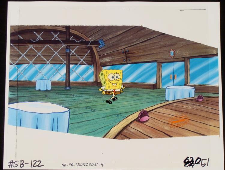 Original Cel SpongeBob & Repro Background Krusty Krab: This animation cel and reproduction background are from the Nickelodeon TV show SpongeBob Squarepants. The story takes place under the deep blue sea in Bikini Bottom, where Sponge