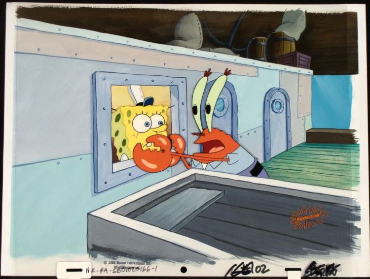 Original Background Trouble Spongebob Cel Animation: This original animation cel and background are from the Nickelodeon TV show SpongeBob Squarepants, from the episode titled "Squeaky Boots". The story takes place under the deep blue sea in Bikini Bott
